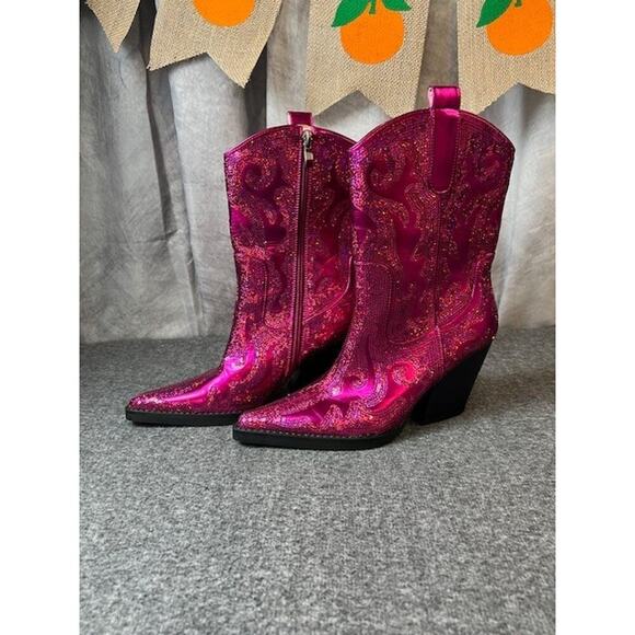 Azalea Wang Merril Sequin Pink Fuchsia Western Boots Size 7.5 - Picture 1 of 9